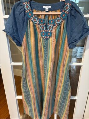 Vintage Inspired Blue & Multi-Stripe Midi Dress with Embroidered Yoke Size L